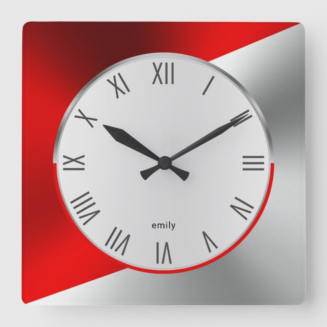 Red & Silver Modern Metallic Geometric Design Square Wall Clock (Front)