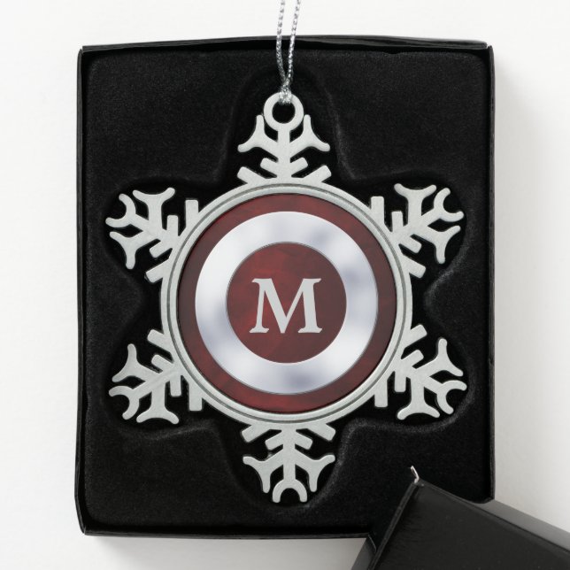 Red Silver Monogram Christmas Snowflake Pewter Christmas Ornament (Box)