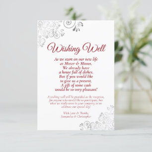 Red & Silver on White Wedding Wishing Well Poem Enclosure Card