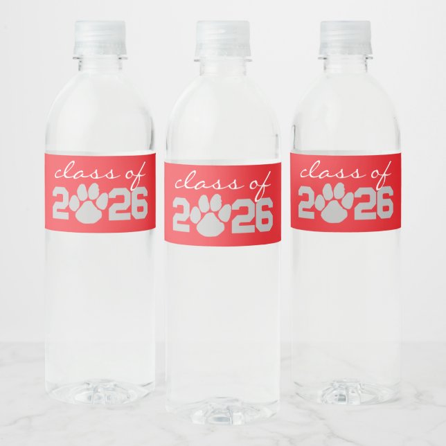 Red & Silver Paw Print Graduation Water Bottle Label (Bottles)