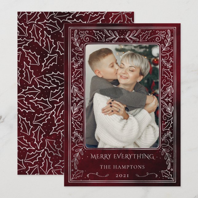 Red Silver Pine Holly Berry Photo Holiday Card (Front/Back)