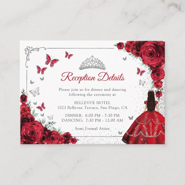 Red Silver Quincenarea Reception Details Enclosure Card (Front)