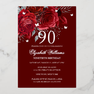 Red Silver Rose Sparkling Butterfly 90th Birthday