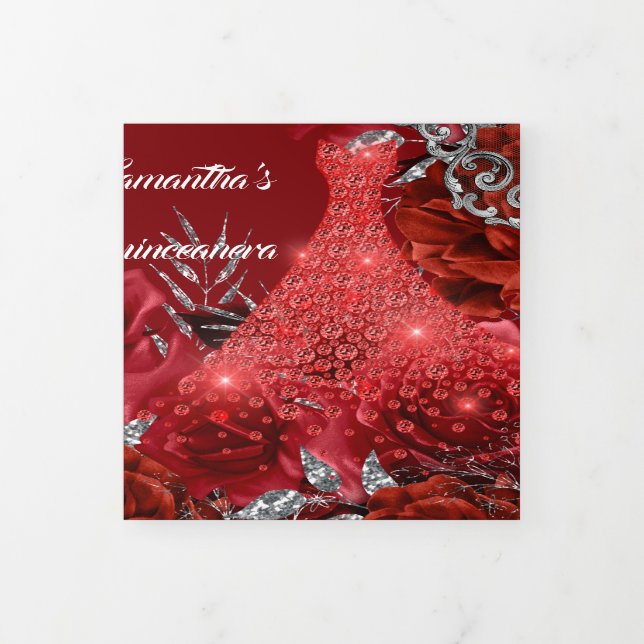Red silver rose womans PHOTO floral birthday   Tri-Fold Invitation (Cover)