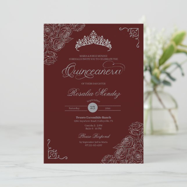 Red & Silver Roses Elegant Quinceañera  Invitation (Standing Front)