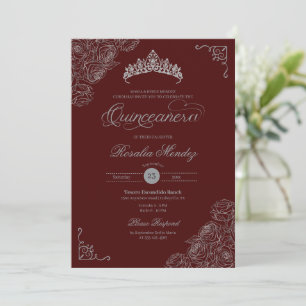 Red & Silver Roses Elegant Quinceañera  Invitation