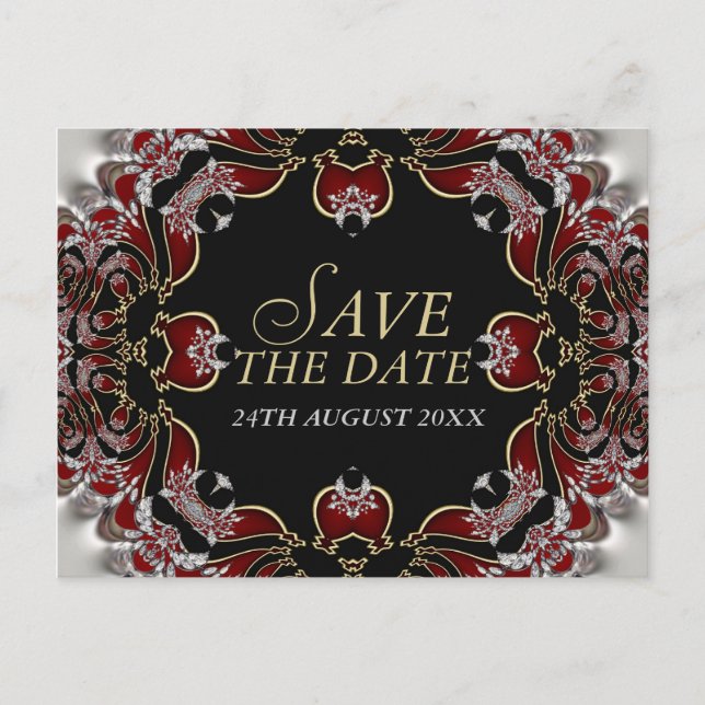 Red+Silver Satin Save the Date Postcard (Front)