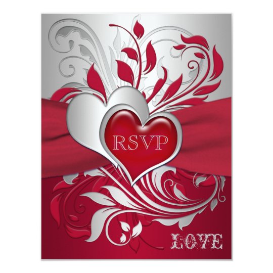 Red, Silver Scrolls, Hearts RSVP Card