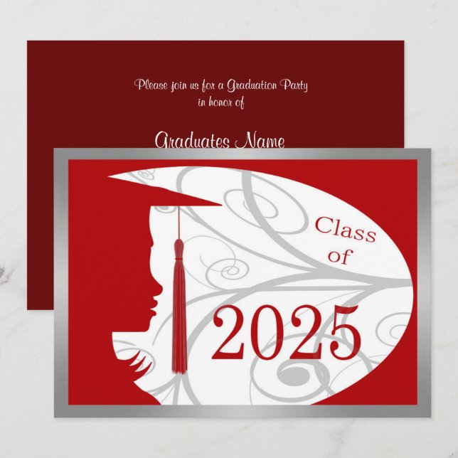 Red & Silver Silhouette 2025 Graduation Party Invitation (Front/Back)
