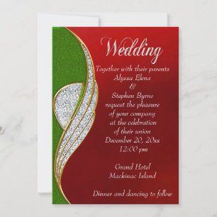Red, Silver  Silver Christmas Wedding Invitation