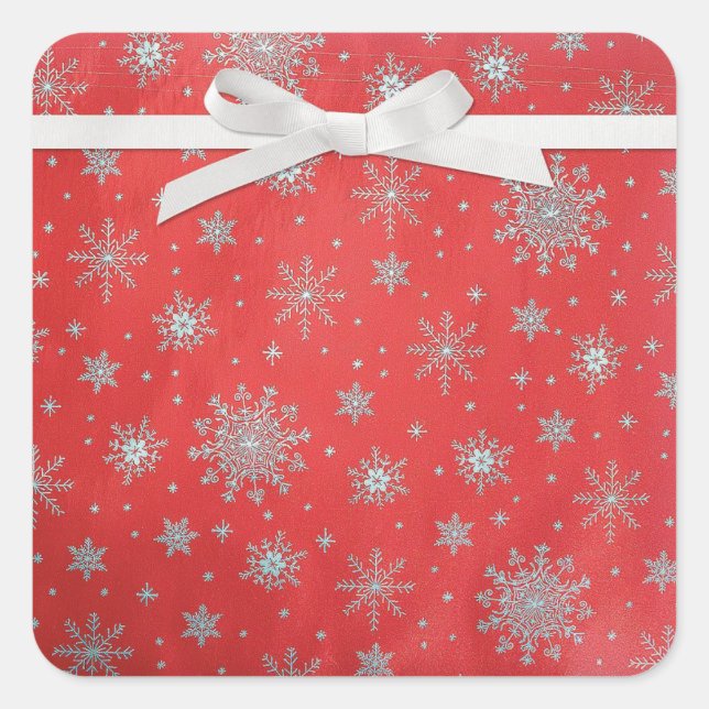 Red Silver Snow Flakes Christmas Card Envelope Square Sticker (Front)
