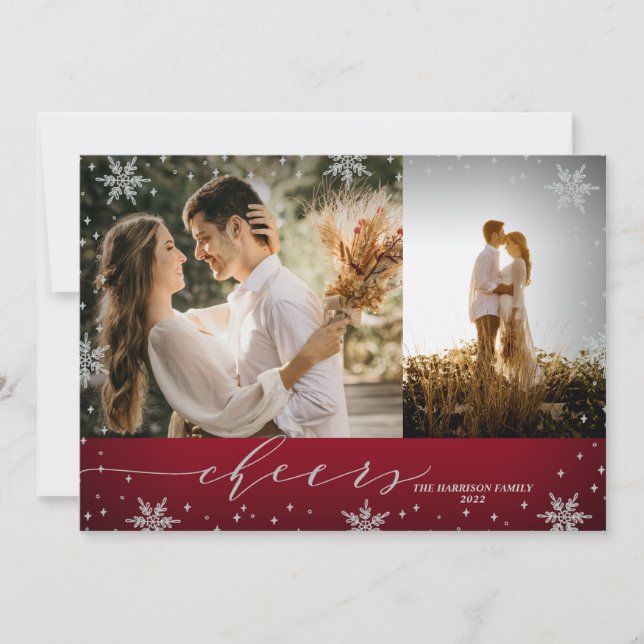 Red & Silver Snowflakes 2 Photos Cheers Christmas Card (Front)