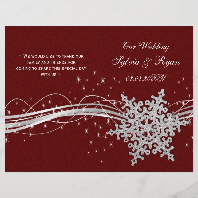 red Silver Snowflakes wedding programs folded (Front)