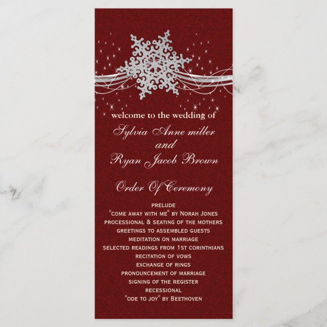 red Silver Snowflakes wedding programs tea length Programme (Front)