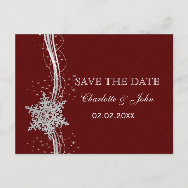 red Silver Snowflakes Winter save the Date Announcement Postcard (Front)