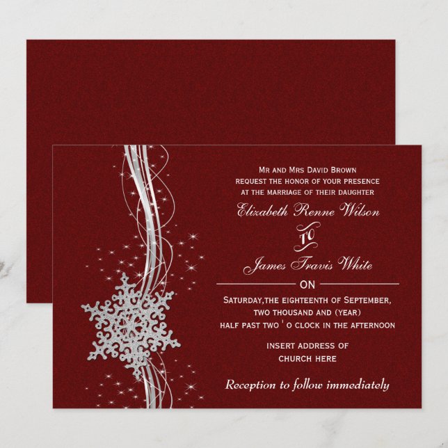red Silver Snowflakes Winter wedding invitations (Front/Back)