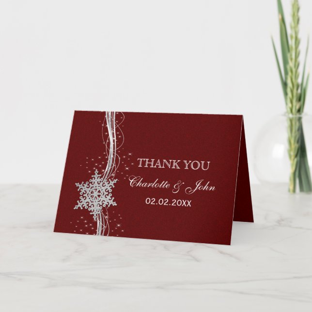 red Silver Snowflakes Winter wedding Thank You (Front)