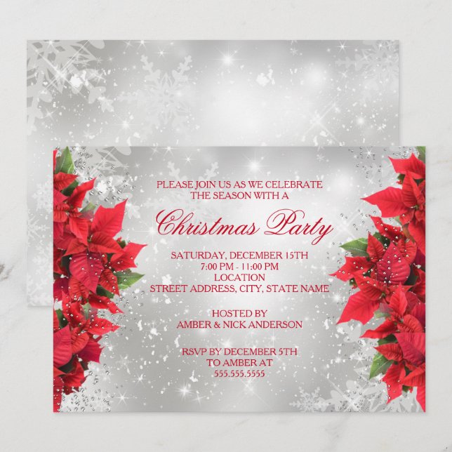 Red Silver Sparkle Holly Floral Christmas Party Invitation (Front/Back)