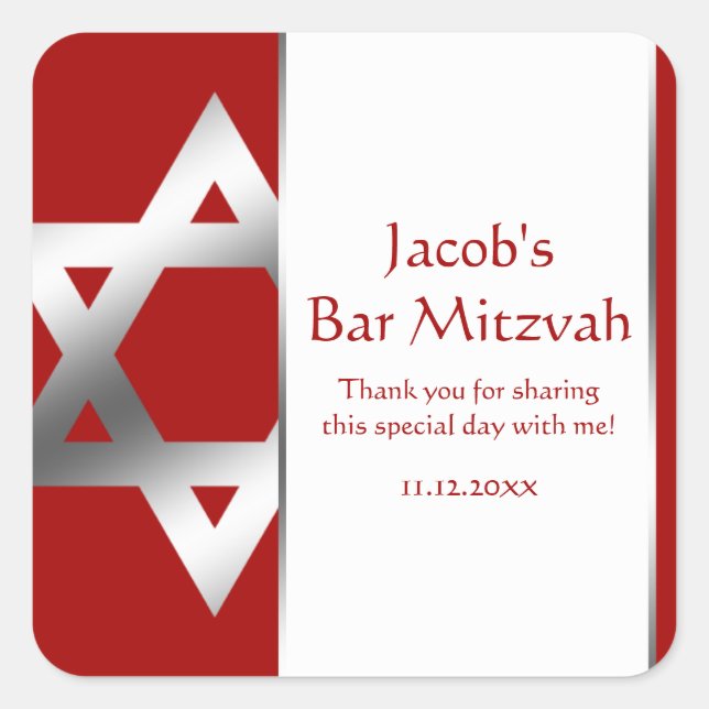 Red Silver Star of David Bar Mitzvah Favour Square Sticker (Front)