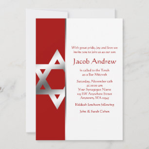 Red Silver Star of David Bar Mitzvah Invitations