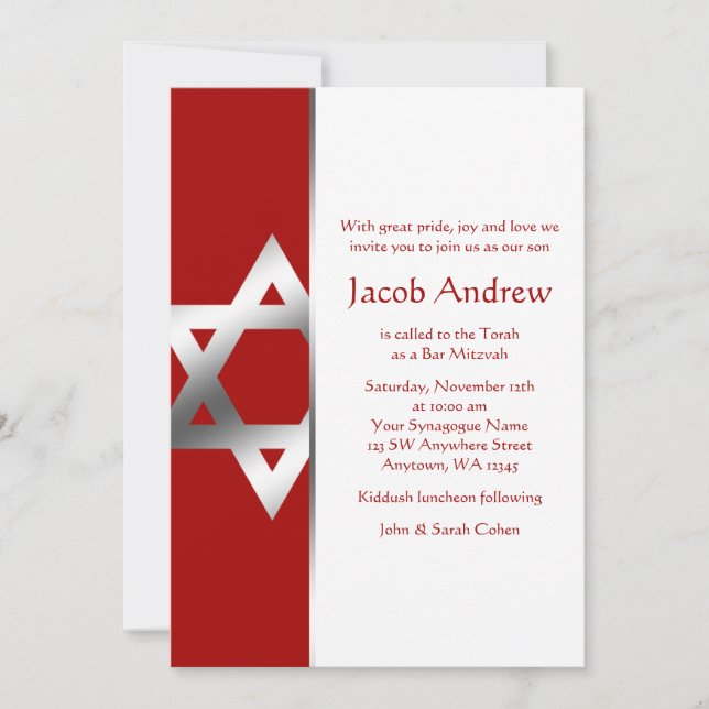 Red Silver Star of David Bar Mitzvah Invitations (Front)