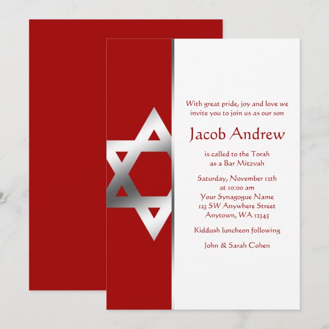 Red Silver Star of David Bar Mitzvah Invitations (Front/Back)