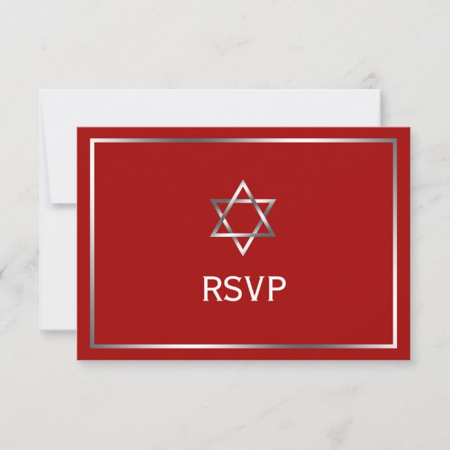 Red Silver Star of David Bar Mitzvah RSVP Card (Front)