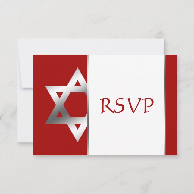 Red Silver Star of David Bar Mitzvah RSVP Card (Front)