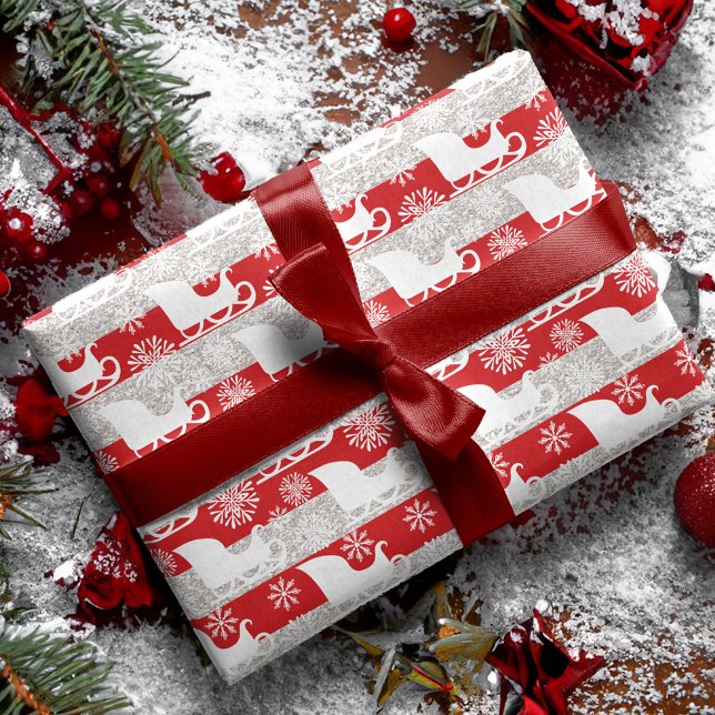 Red & Silver Stripe Snowflake & Santa's Sleigh Wrapping Paper Sheet (Red & Silver Stripe Snowflake & Santa's Sleigh Wrapping Paper Sheets)