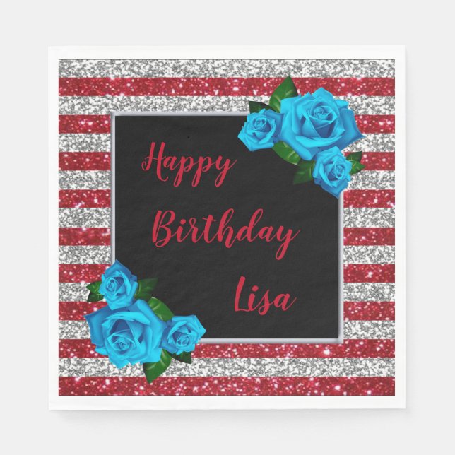 Red Silver Stripes Glitter Blue Roses Birthday Napkin (Front)