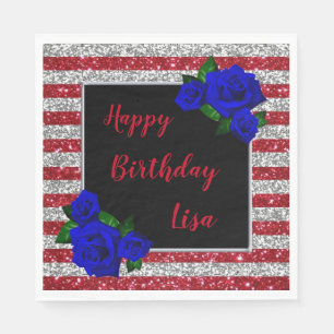 Red Silver Stripes Glitter Deep Blue Rose Birthday Napkin