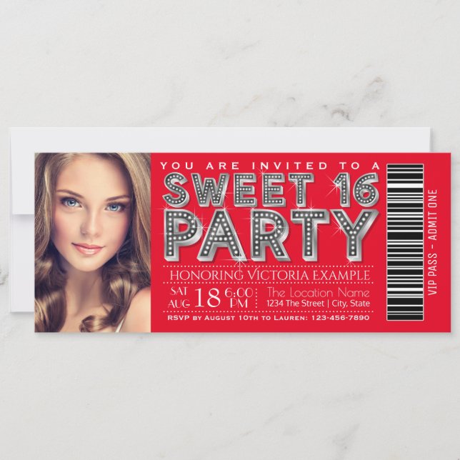 Red Silver Sweet 16 Ticket Invitation (Front)