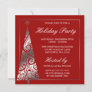 Red Silver Swirl Christmas Tree Holiday Party Invitation