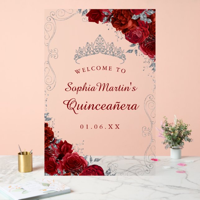 Red Silver Swirl Floral Quinceanera Acrylic Sign (Wedding)
