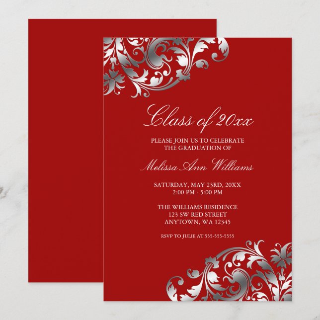 Red Silver Swirl Graduation Party Announcement (Front/Back)