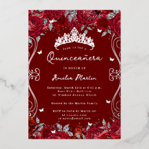 Red Silver Swirl Scroll Floral Quinceanera