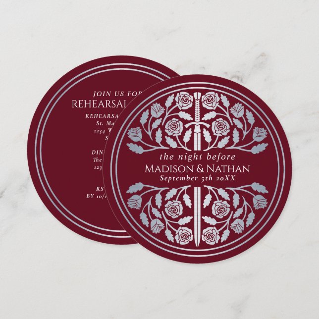 Red Silver Sword Royal Wedding Rehearsal Invitation (Front/Back)