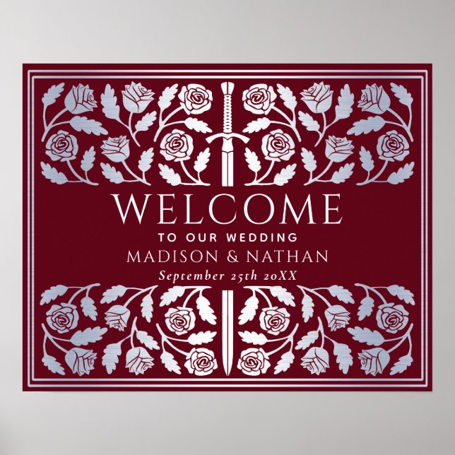 Red Silver Sword Royal Wedding Welcome Sign (Front)