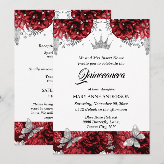 Red silver tiara butterfly blue rose quinceanera invitation (Front/Back)