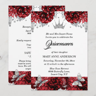 Red silver tiara butterfly blue rose quinceanera invitation
