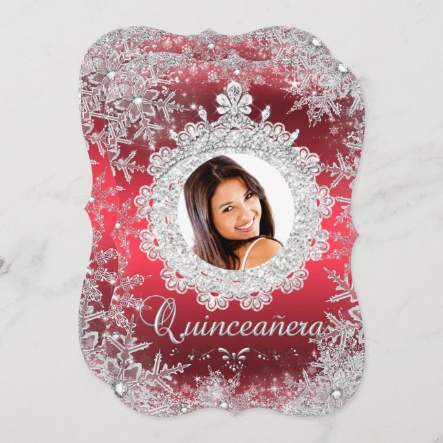 Red Silver Tiara Snowflake Sparkle Quinceanera Invitation (Front/Back)