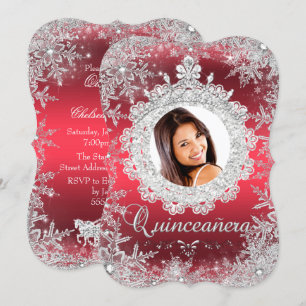 Red Silver Tiara Snowflake Sparkle Quinceanera Invitation