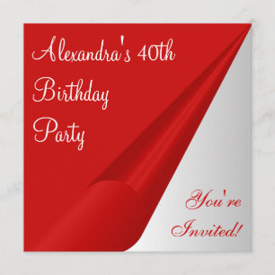 Red Silver White 40th Birthday Party Invitation