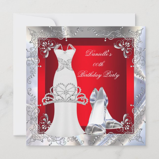 Red Silver White Dress High Heel Shoes Tiara Invitation (Front)