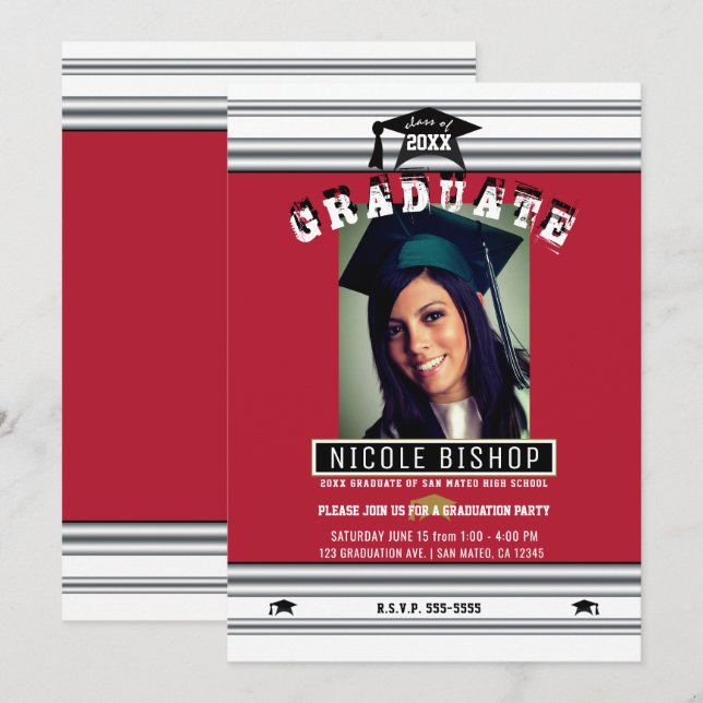 Red Silver White Elegant Photo Graduation Party Invitation (Front/Back)