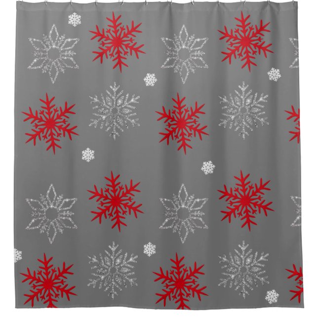 Red, Silver & White Snowflakes on Charcoal Grey Shower Curtain (Front)