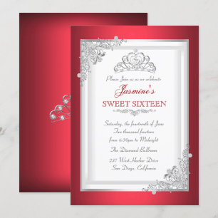 Red Silver White Tiara Sweet 16 Birthday Party Invitation