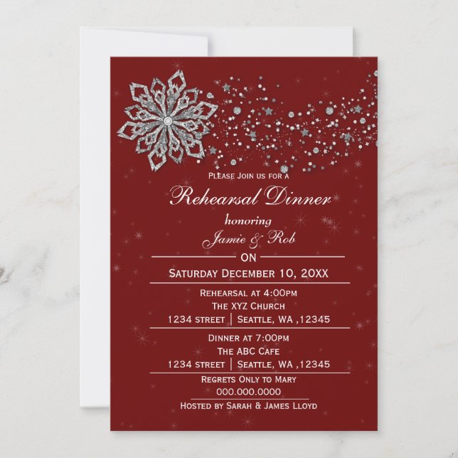 Red Silver Winter Rehearsal Dinner invite (Front)