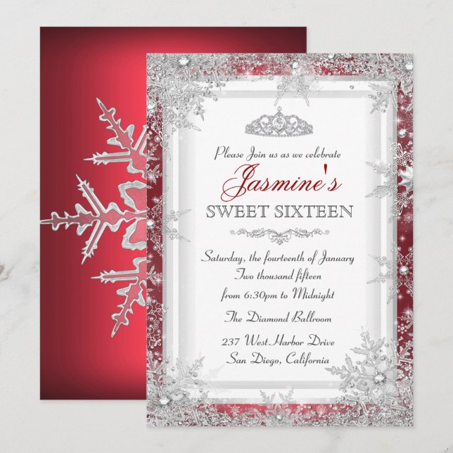 Red Silver Winter Wonderland Sweet 16 Invitation (Front/Back)