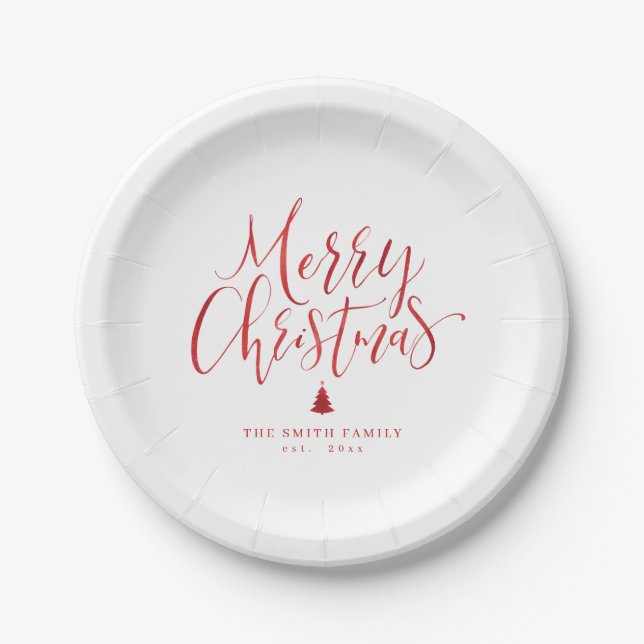 Red Simple Calligraphy Merry Christmas Paper Plate (Front)